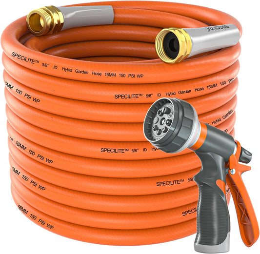 Garden Water Hose 75 ft x 5/8 in Heavy Duty, Flexible and Lightweight, Burst 600 psi, Kink-less Hybrid Rubber Pipe for Backyard, 3/4'' Brass Fittings, Orange