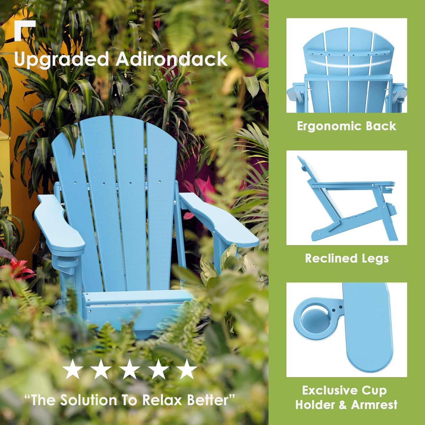 GREENVINES Folding-Adirondack-Chairs-Set-of-4 | HDPE Plastic | Fire Pit Chair | All Weather | Cup Holder | Arctic | for Deck Backyard Patio Outdoor Garden