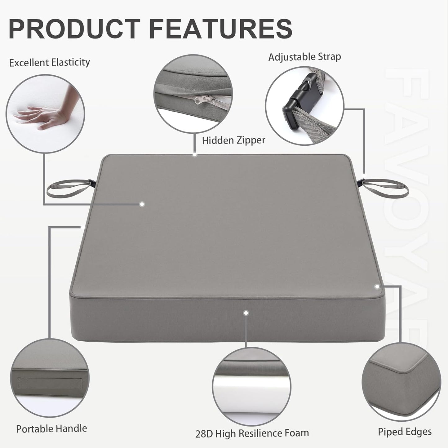 Favoyard Patio Chair Cushions 24 x 24 x 4 Inch Waterproof Outdoor Seat Cushions for Patio Furniture 3-Year Color Fastness Garden Sofa Couch Chair Pads with Handle & Adjustable Straps Set of 2, Grey