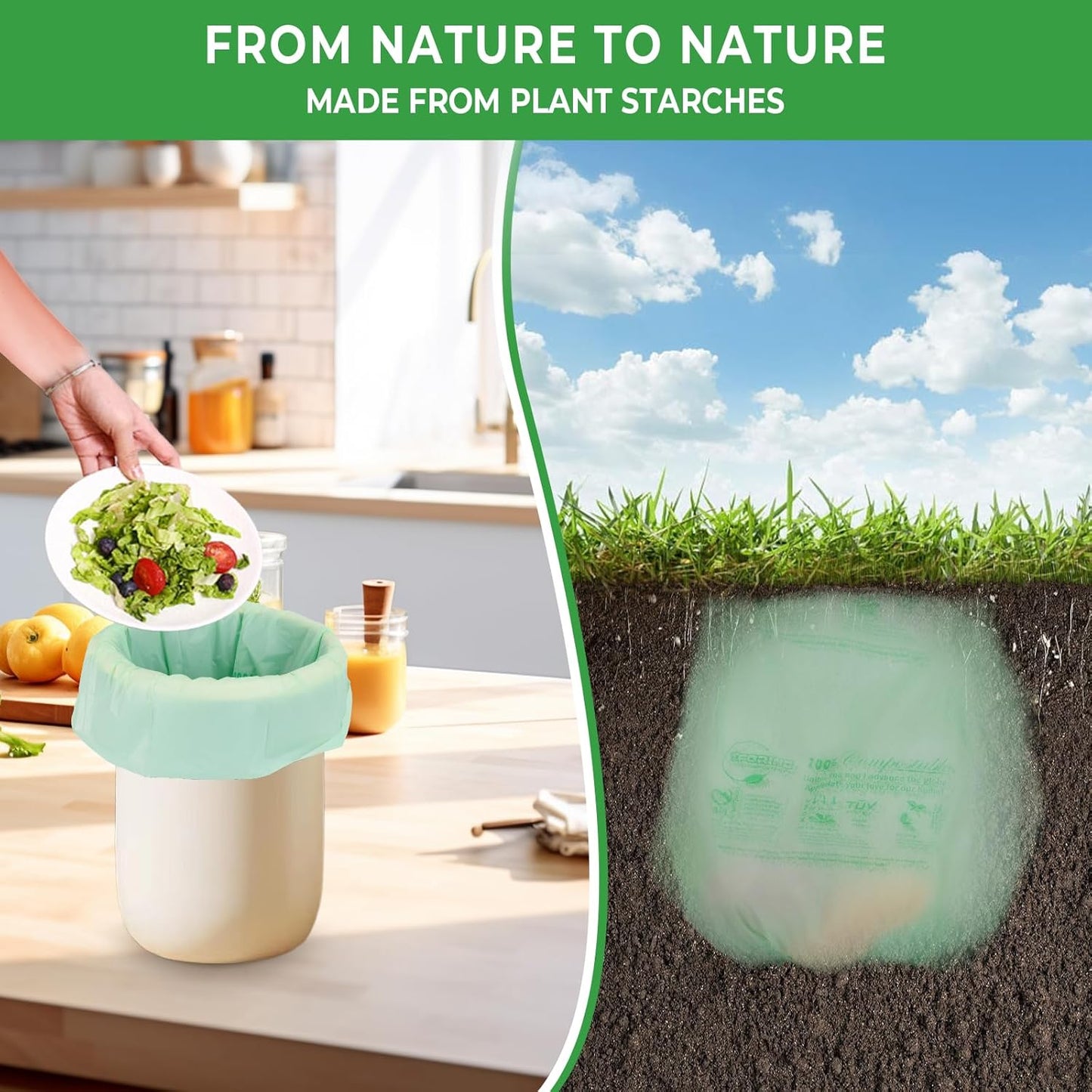 Compostable Trash Bags, 3-4 Gallon, 15 L, 80 Count, Extra Thick 0.8 Mil, Small Kitchen Food Scrap Waste Bags, ASTM D6400, US BPI, CMA and Europe OK Compost HOME Certified