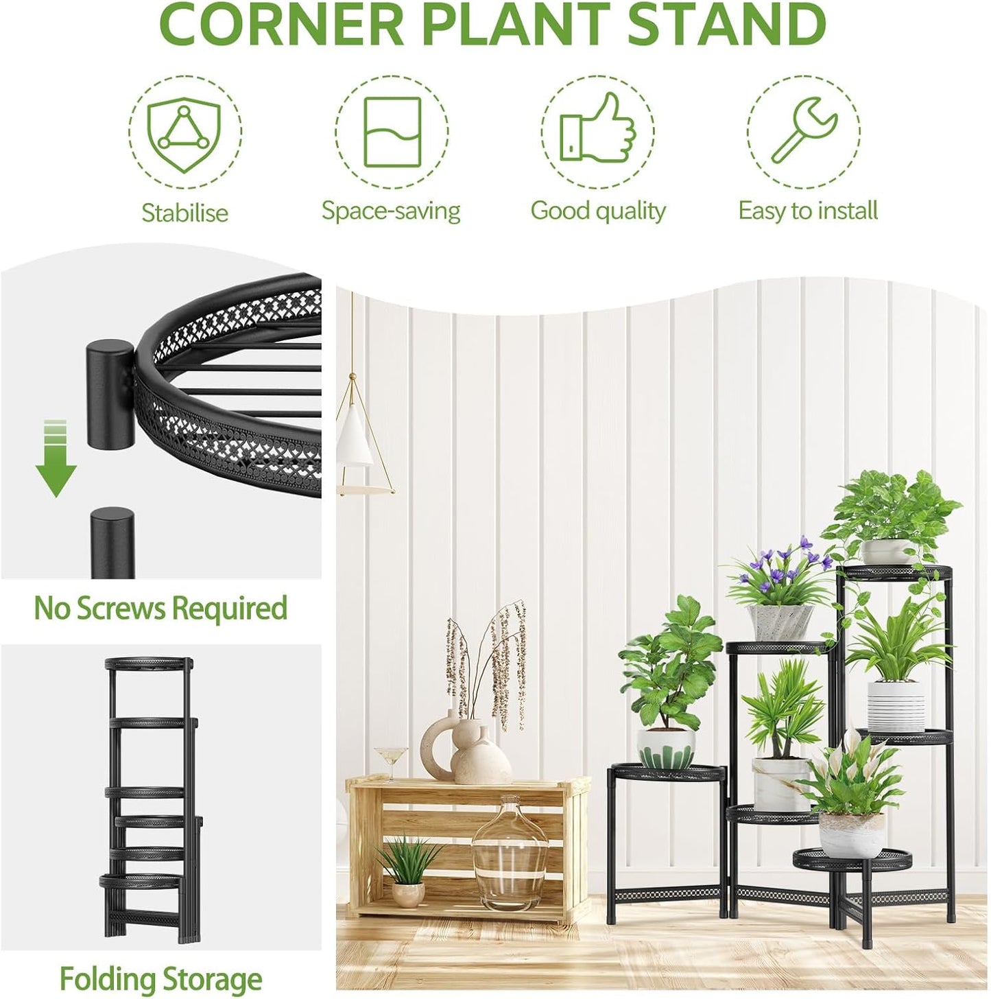 iDavosic.ly 6 Tier Large Plant Stand Indoor with 10-Inch Wide Drainage Tray, Tiered Corner Metal Outdoor Flower Display Holder Shelf, Folding Tall Rack for Patio Porch Balcony, Black Iron Carving