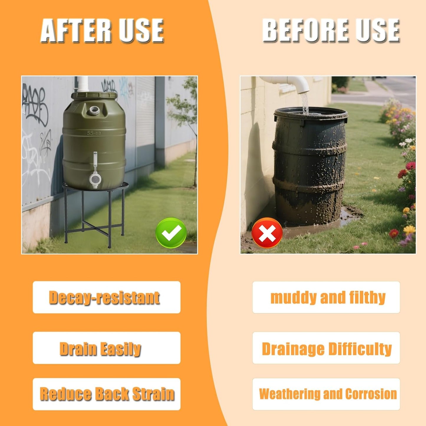 Heavy Duty Stainless Steel Rain Barrel Stand，1200lb Capacity Water Collection Barrel Stand，Rust-Proof & Weatherproof, Fits 45/50/55 Gallon Plastic Outdoor Rain Barrels