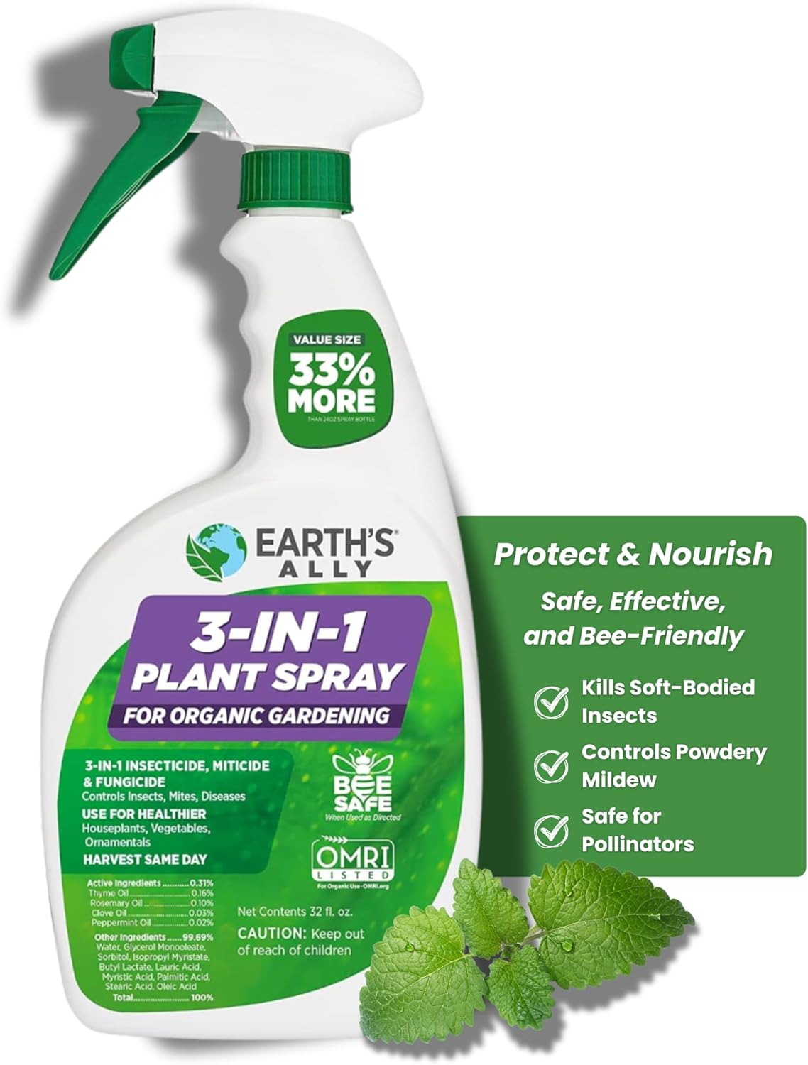 Earth's Ally 3-in-1 Plant Spray 32 oz | Safe & Organic Insecticide, Fungicide & Spider Mite Control, Use on Indoor Houseplants and Outdoor Plants, Gardens & Trees, Insect Repellent & Antifungal Use