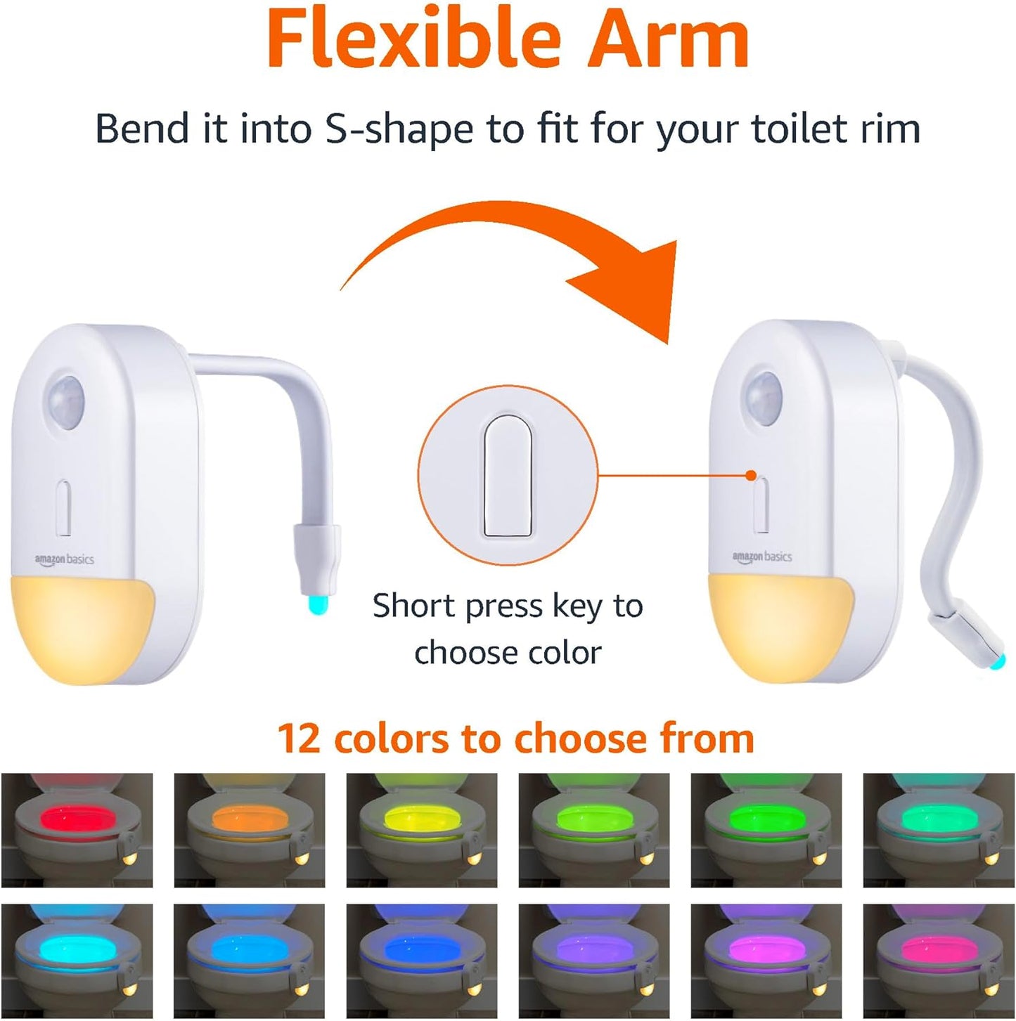 Amazon Basics Color Changing LED Toilet Bowl Motion Sensor Light, Battery Operated, 2 Pack, White