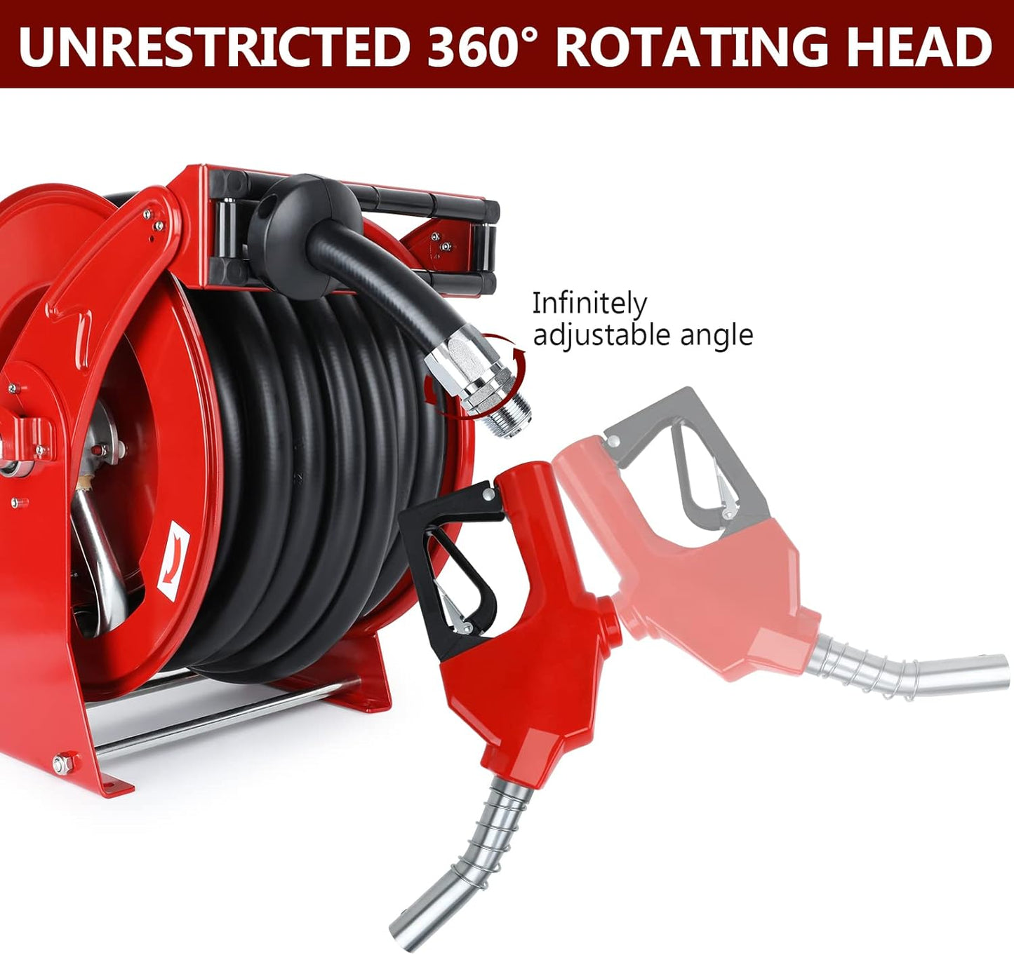 Fuel Hose Reel with Fueling Nozzle, 1" x 50FT Retractable Diesel Hose Reel, 300 PSI Industrial Heavy Duty Auto Swivel Rewind Hose Holder Reels, for Vehicle Tank Truck Trailer Ship