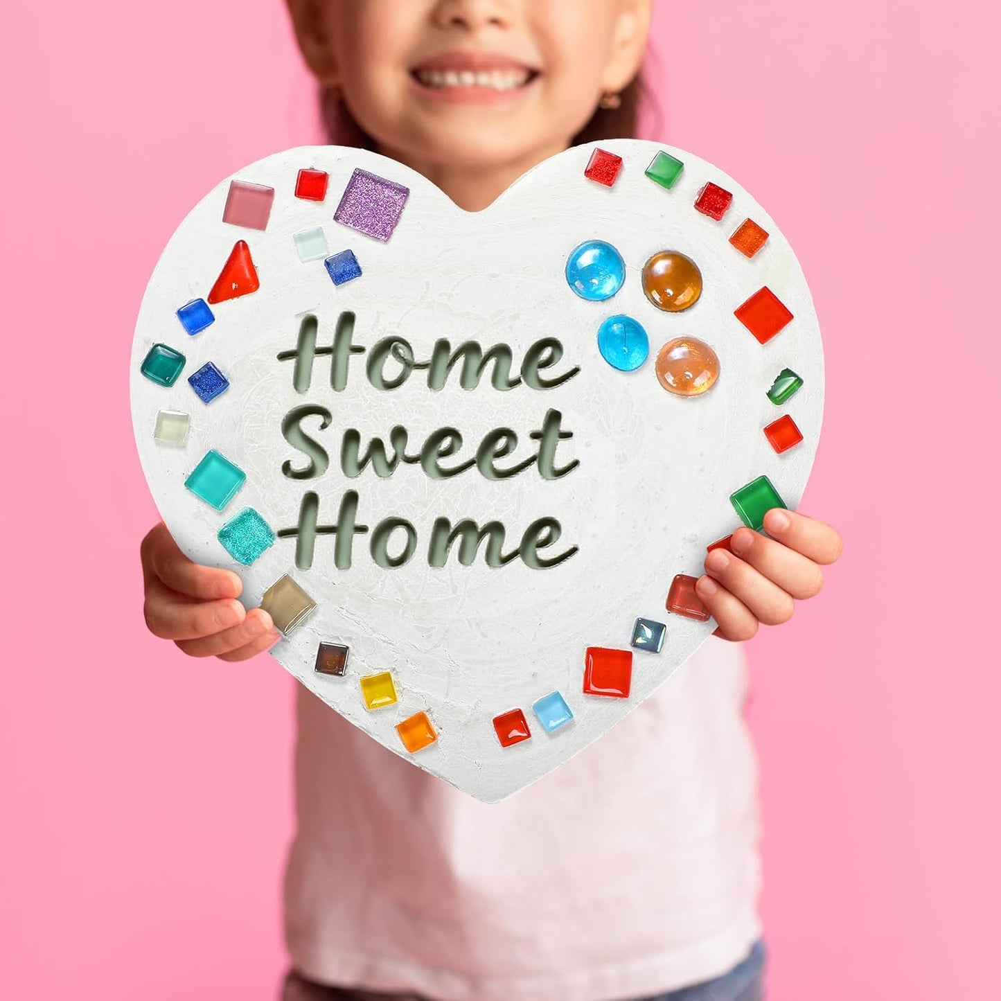 24 Pcs Stepping Stone Kit Includes Concrete Mold, Mosaic Tiles and Carving Tools, DIY Craft Handmade Stepping Stone Kit for Kids, Family, Garden Outdoor Decor, No Concrete Mix(Heart,10 Inch)