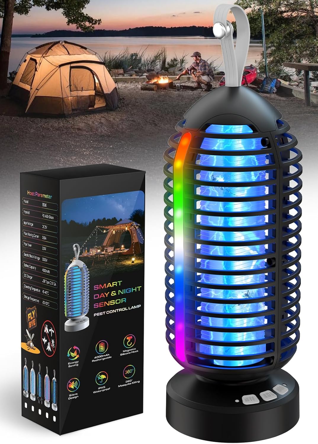 Bug Zapper Outdoor with Marquee Light, Cordless Mosquito Zapper, 4000mAh Rechargeable Electric Bug Zapper Indoor, Auto On/Off Waterproof Mosquito Trap Fly Zapper for Patio Backyard Kitchen Camping