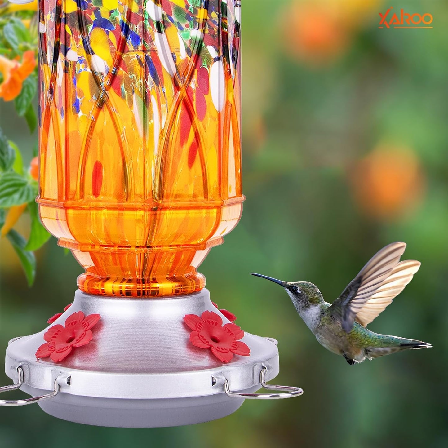 Hummingbird Feeders for Outdoors with Ant Moat, Hand Blown Glass Hummingbird Feeder, 4 Feeding Ports with Perch, Outdoor Garden Décor, 15 OZ, Orange