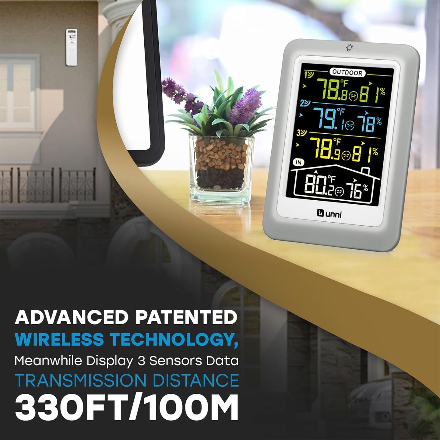 Indoor Outdoor Thermometer Wireless, 4.5 Inch Display Digital Hygrometer Thermometer Temperature Humidity Monitor with 330ft Range Sensor and Adjustable Backlight (Multi)