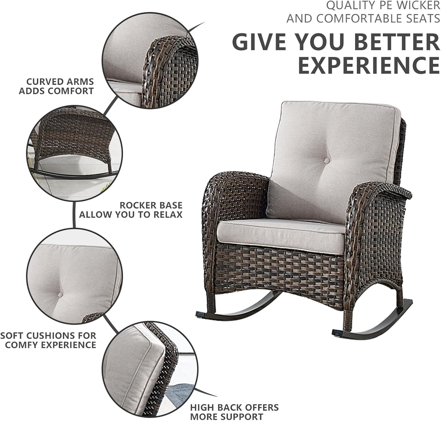 HUMMUH 5 Pieces Wicker Patio Furniture Set,Outdoor Rocker Chairs,Patio Ottomans,Glass Top Side Table,Outdoor Conversation Set for Porch Deck Backyard Poolside