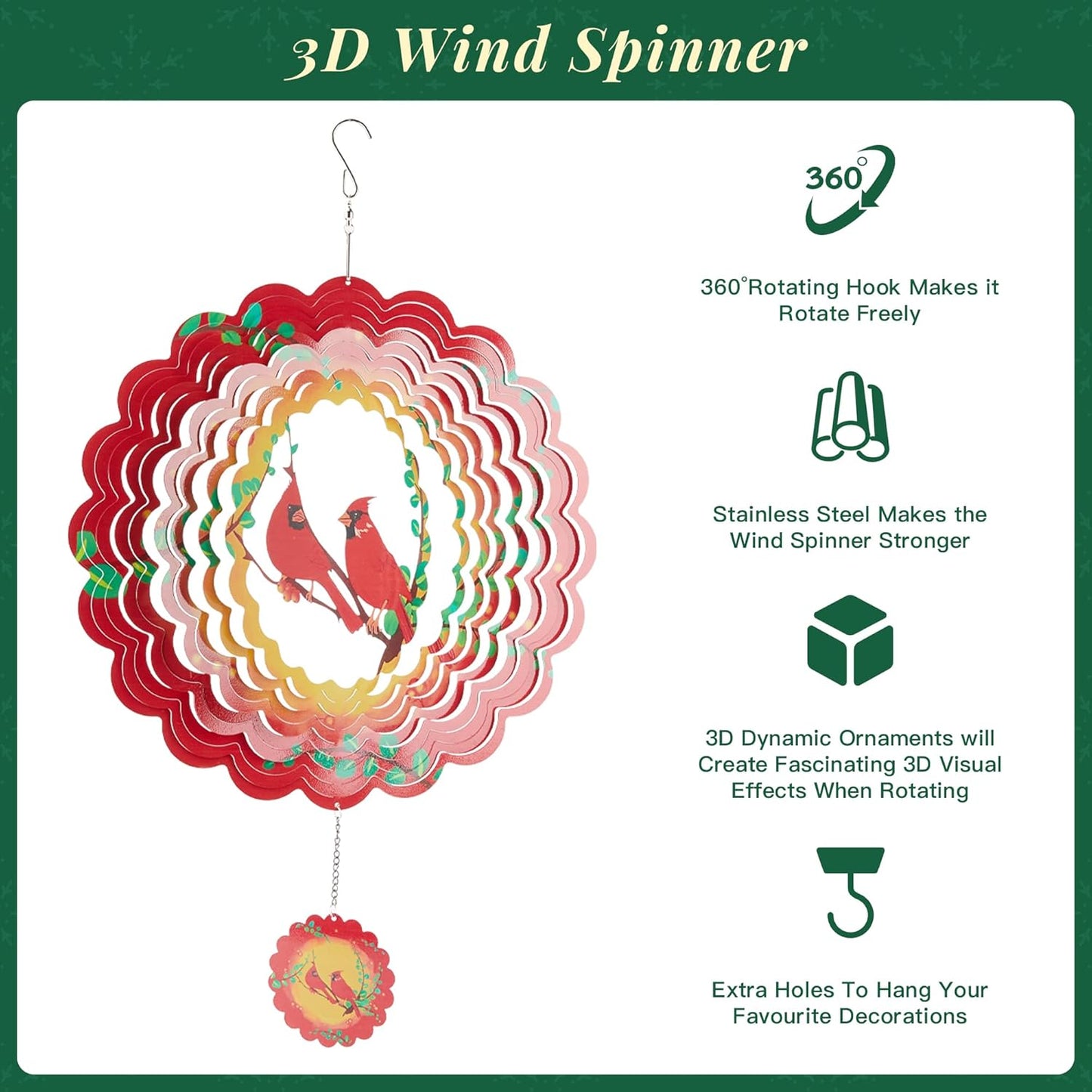 Cardinal Wind Spinners Metal Outdoor Sculpture for Outside Decoration,12 inch 3D Stainless Steel Cardinal Gifts for Women Mom Outdoor Indoor Yard Art Garden Decorations
