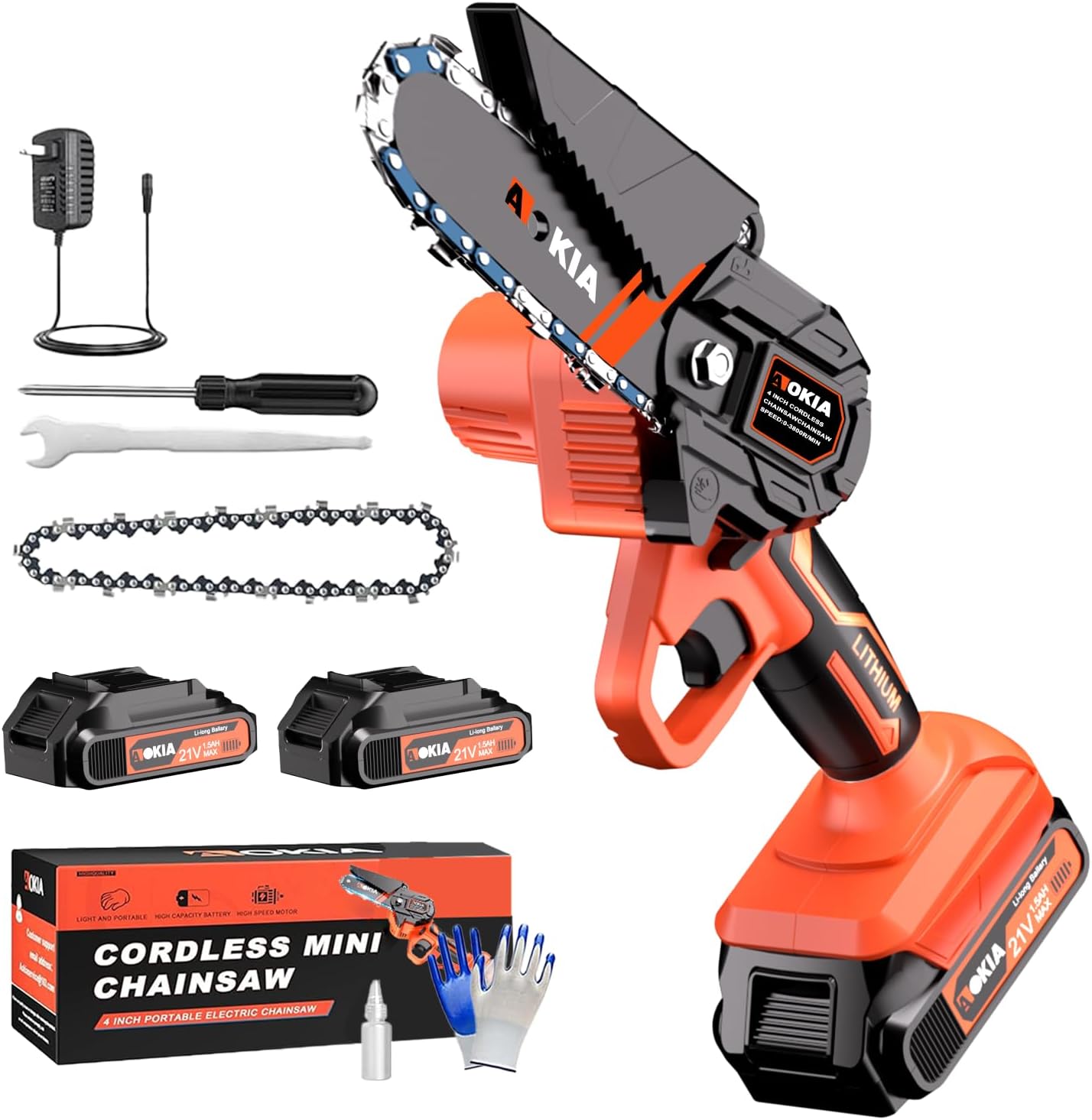 Cordless Mini Chainsaw 21V,4In Electric Chainsaw,Handheld & Portable Power Chain Saw for Tree Trimming Pruning Garden & Yard Work,Battery Chain Saw Gifts for Men Women Dad Orange