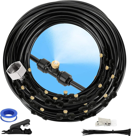 Misting Cooling System, DIY 65.6FT(20M) Misting Line +20 Brass Mist Nozzles+ a Brass Connector(3/4'') Outdoor Mister System for Patio Waterpark Garden Trampoline Greenhouse