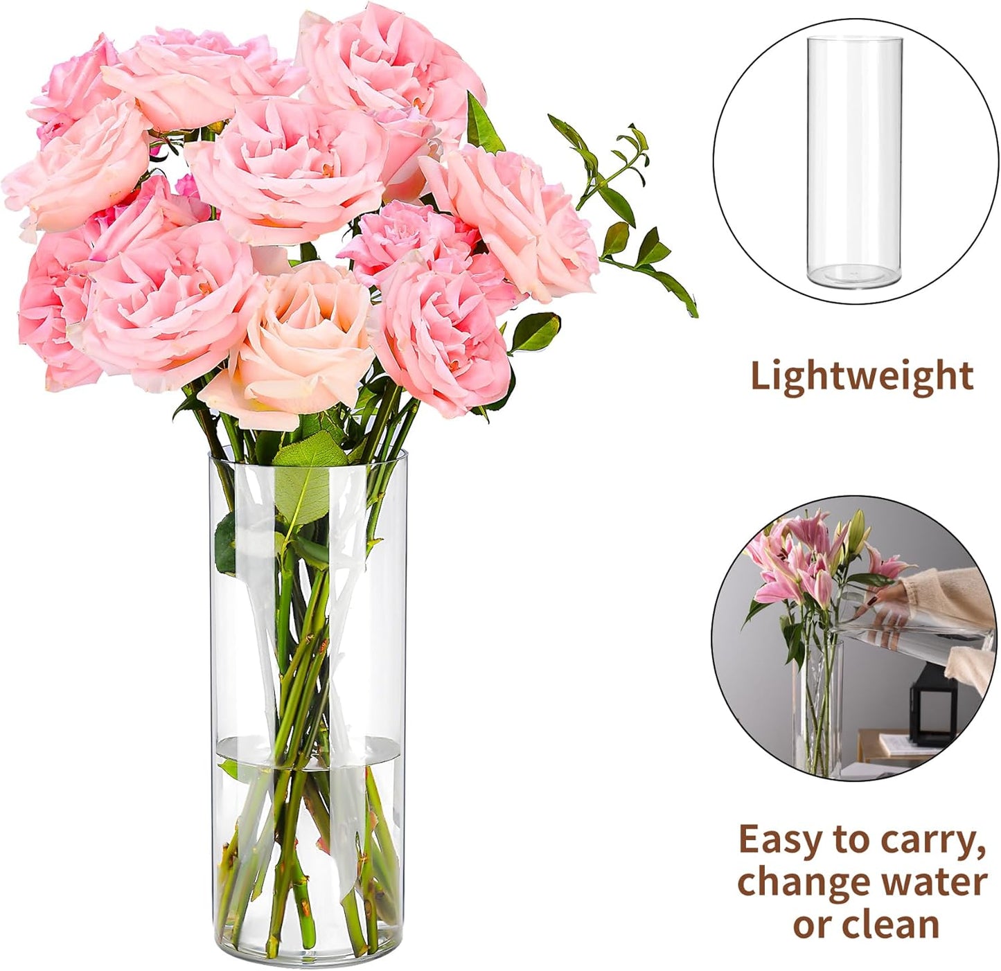 Clear Flower Vase, Non-breakable Vases, 5" W x 10" H, Acrylic Vase, Aesthetic Room Decor Cylindrical Modern Flower Vases for Table Centerpiece, Home Decor, Women Floral Arrangement Gift