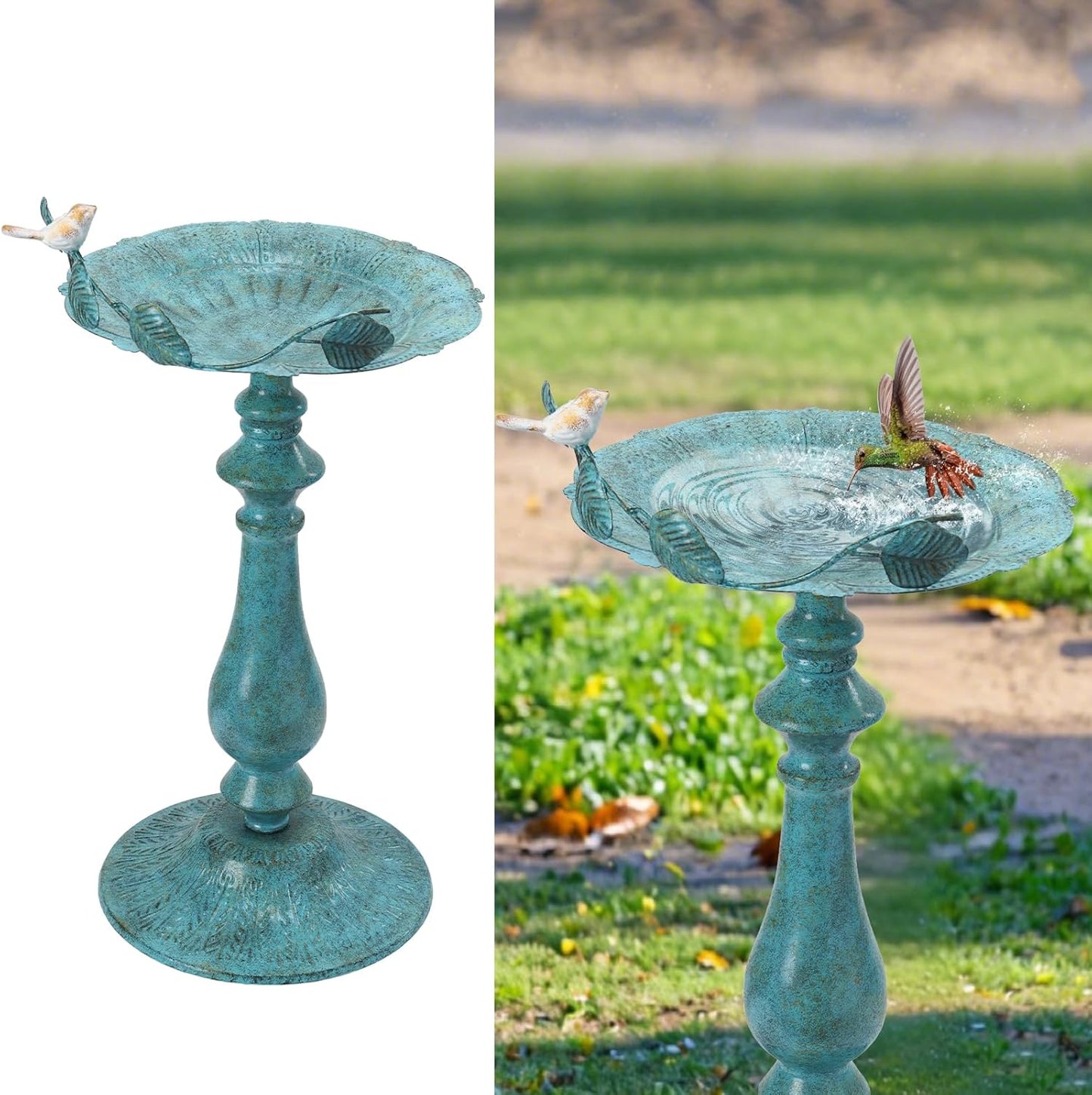 22" H Bird Baths for Oudoors, Antique Pedestal Bird Bath with Bird Statues Metal Birdbaths Bird Feeder Bowl Tray Garden Yard Decoration, Blue