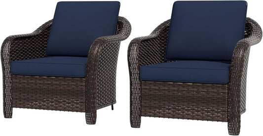 Outdoor Wicker Chair Set of 2, All-Weather Use Patio Rattan Chair with Seat and Back Cushion, Ideal for Porch, Backyard, Balcony, Poolside, Blue