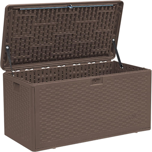 73 Gallon Outdoor Storage Box - Waterproof Resin Deck Box for Patio, Pool & Garden, Lockable Outdoor Cushion Storage & Delivery Boxes for Outside, UV-Resistant, Rich Brown