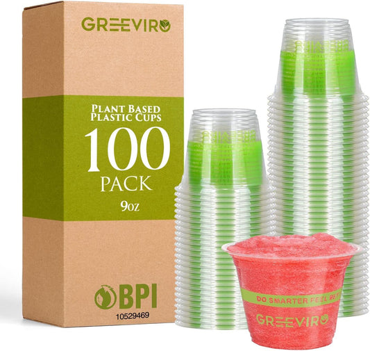 Compostable Plant-Based Clear Plastic Cups 9oz Thick, Reusable, Disposable Iced Coffee Cups for Smoothies, Beer & Any Beverages for Parties, Weddings & Gatherings (9oz)
