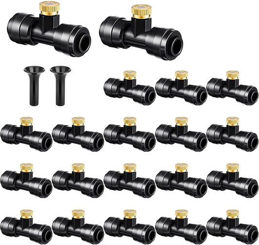 Brass & Black Misting Nozzles Kit - 20pcs Mister Nozzles & Tees with 2pcs Plugs for 1/4" Tubing and Outdoor Patio System