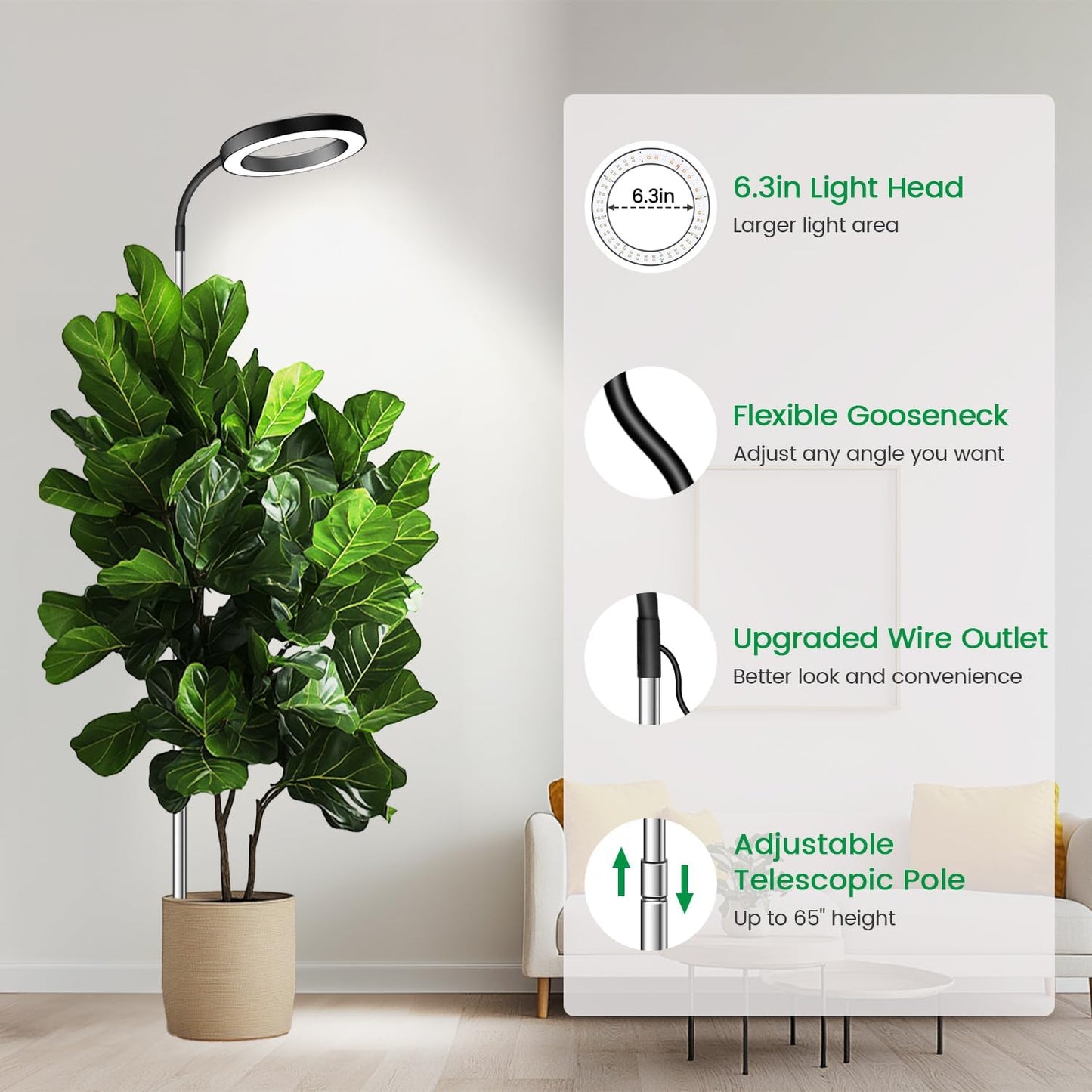 Garpsen Grow Light, Full Spectrum Plant Lights for Indoor Growing with Gooseneck (No Base), 3 Colors Modes and 5 Dimmable Levels, 6/12/16H Timer, 65'' Height Grow Lamp for Large Plants-[2Pack]