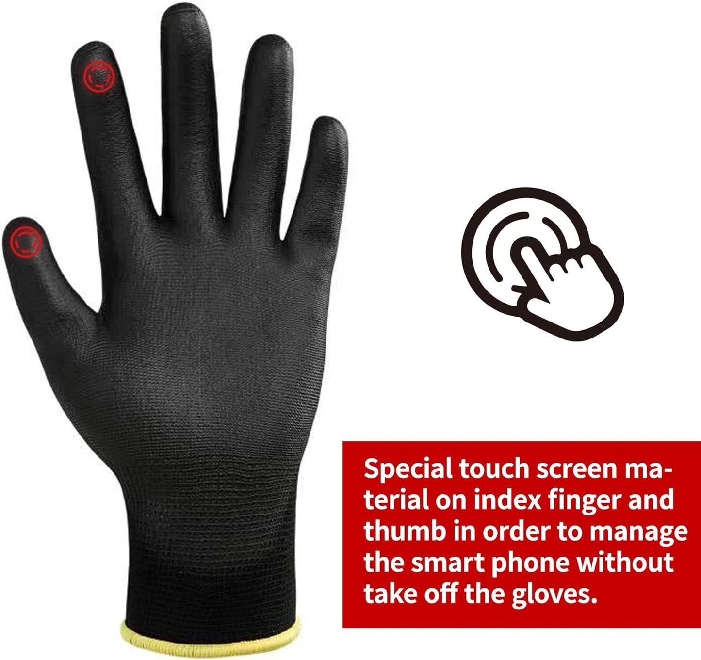 Safety Work Gloves PU Coated for Men and Women-12 Pairs,Black Seamless Knit Glove with Two Fingers Touchscreen,Ideal for General Duty Work (X-Large)