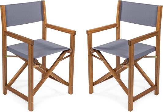 JONATHAN Y DRC1000A-SET2 Cukor Classic Vintage Outdoor Acacia Wood Folding Director Chair with Canvas Seat Mid-Century, Modern, Traditional, Bohemian, Coastal, Minimalist, Gray/Teak Brown (Set of 2)