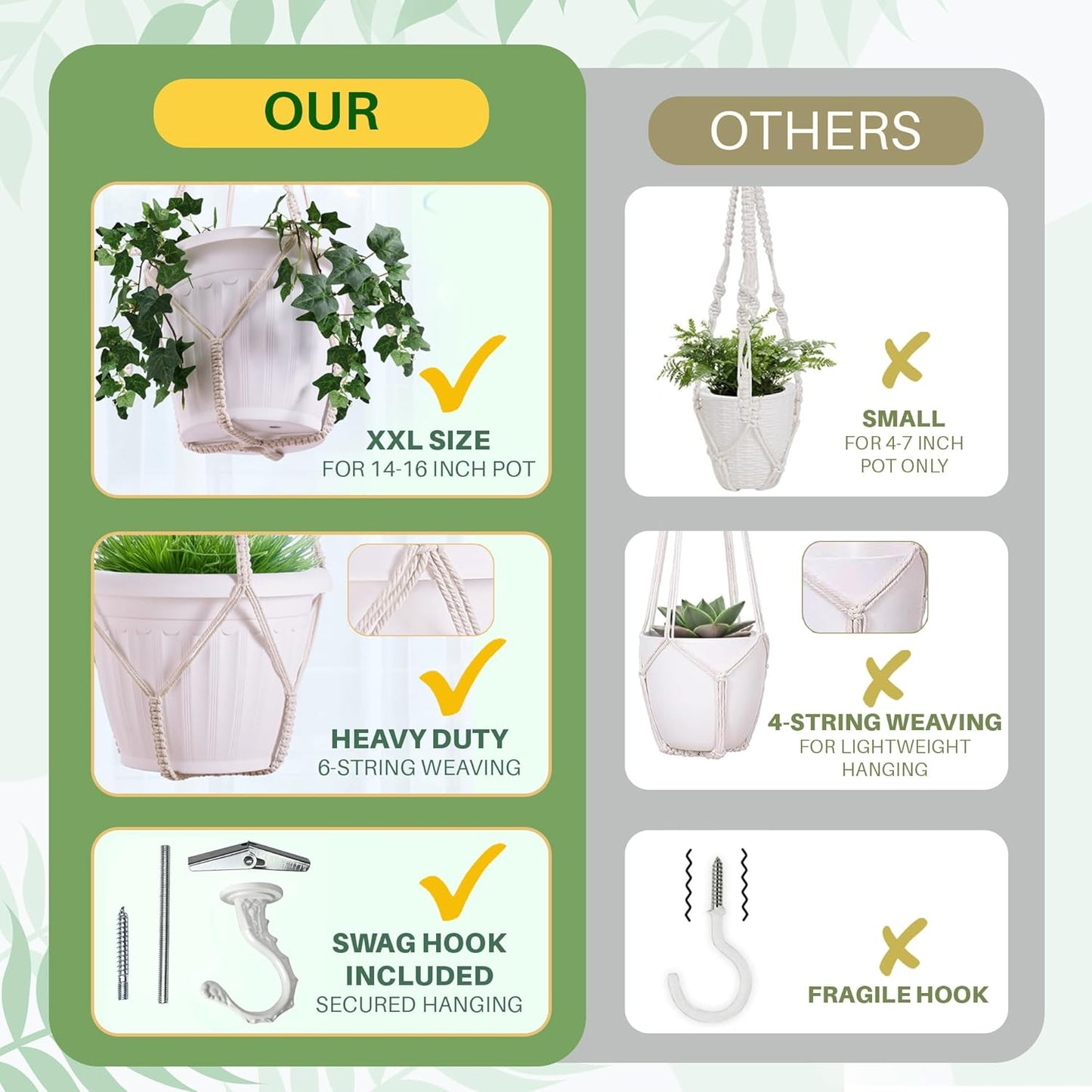 Giant XXL 55 Inches Macrame Planter Hanger Large for 15 inch Pot + Swag Hook | Extra Large Hanging Planter for Indoor Plants | No Pot/Plant Included (XXL)