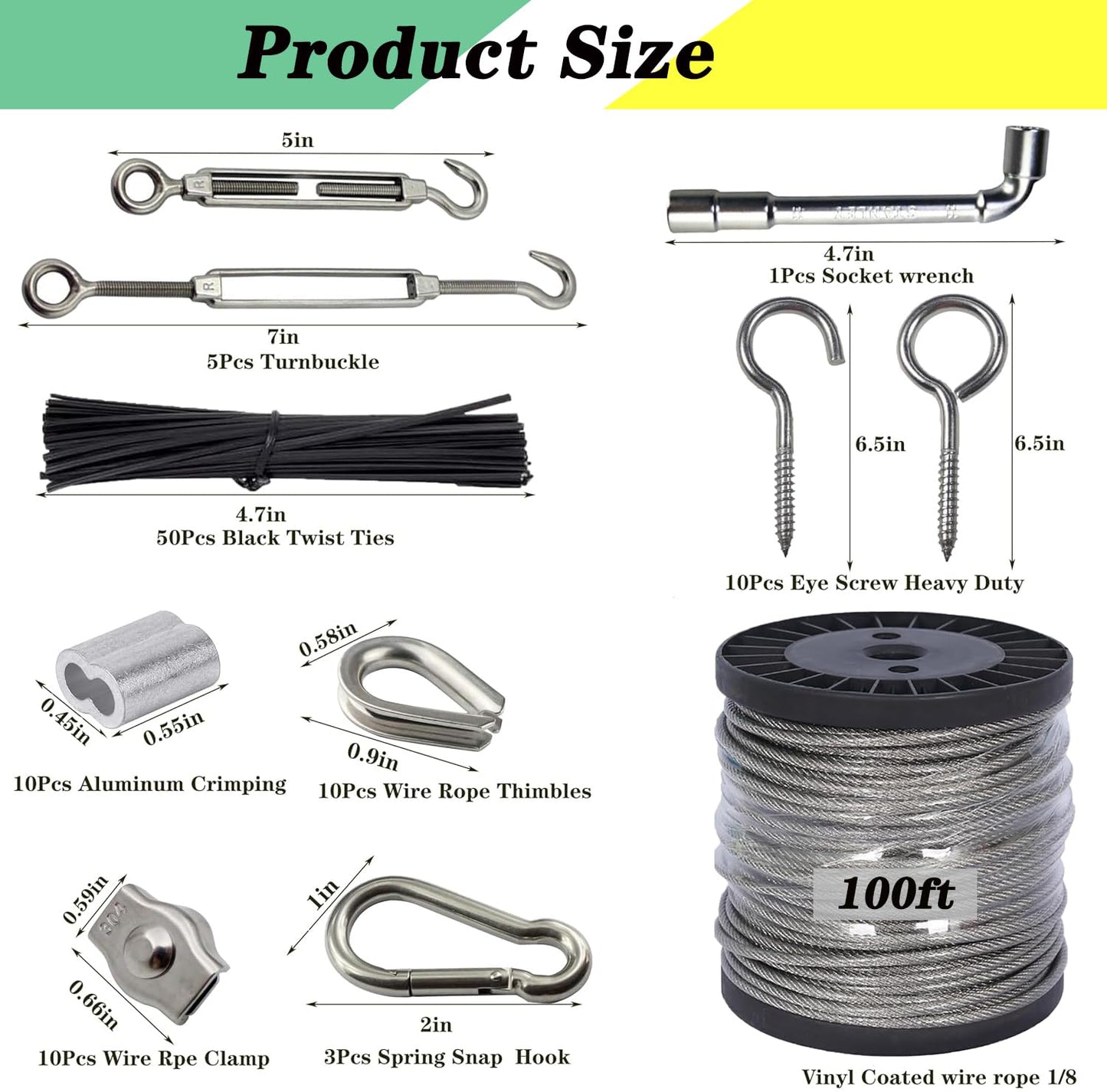 1/8" Stainless Steel Cable,100ft Wire Rope Kit Turnbuckles for Cables Wire, 7x7 Strand Core 3/32" Overmolded to 1/8" Metal Cable for Outdoor Hanging Kit,Garden Fence,Decor, Plant Hanger