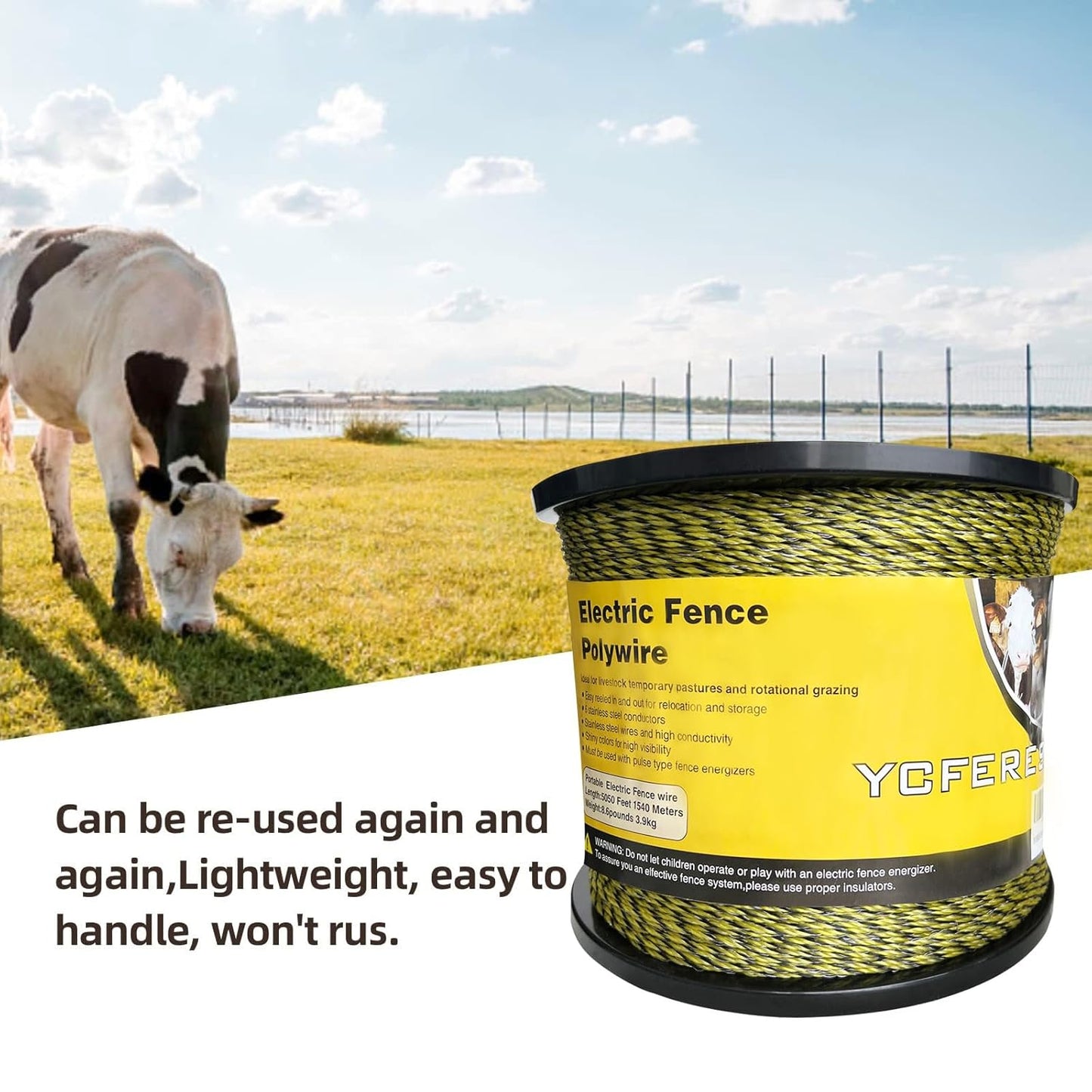 Upgraded Electric Fence Polywire 5050 Feet 1540 Meters, 6 Stainless Steel Strands for Reliable Conductivity and Rust Resistance, Portable Electric Fencing,UV, Rust Resistant