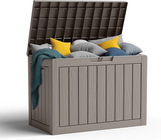 45 Gallon Resin Deck Box, Lockable Patio Outdoor Storage Box for Furniture, Garden Tools and Tools Storage, Waterproof Outside Storage Boxes - Grey