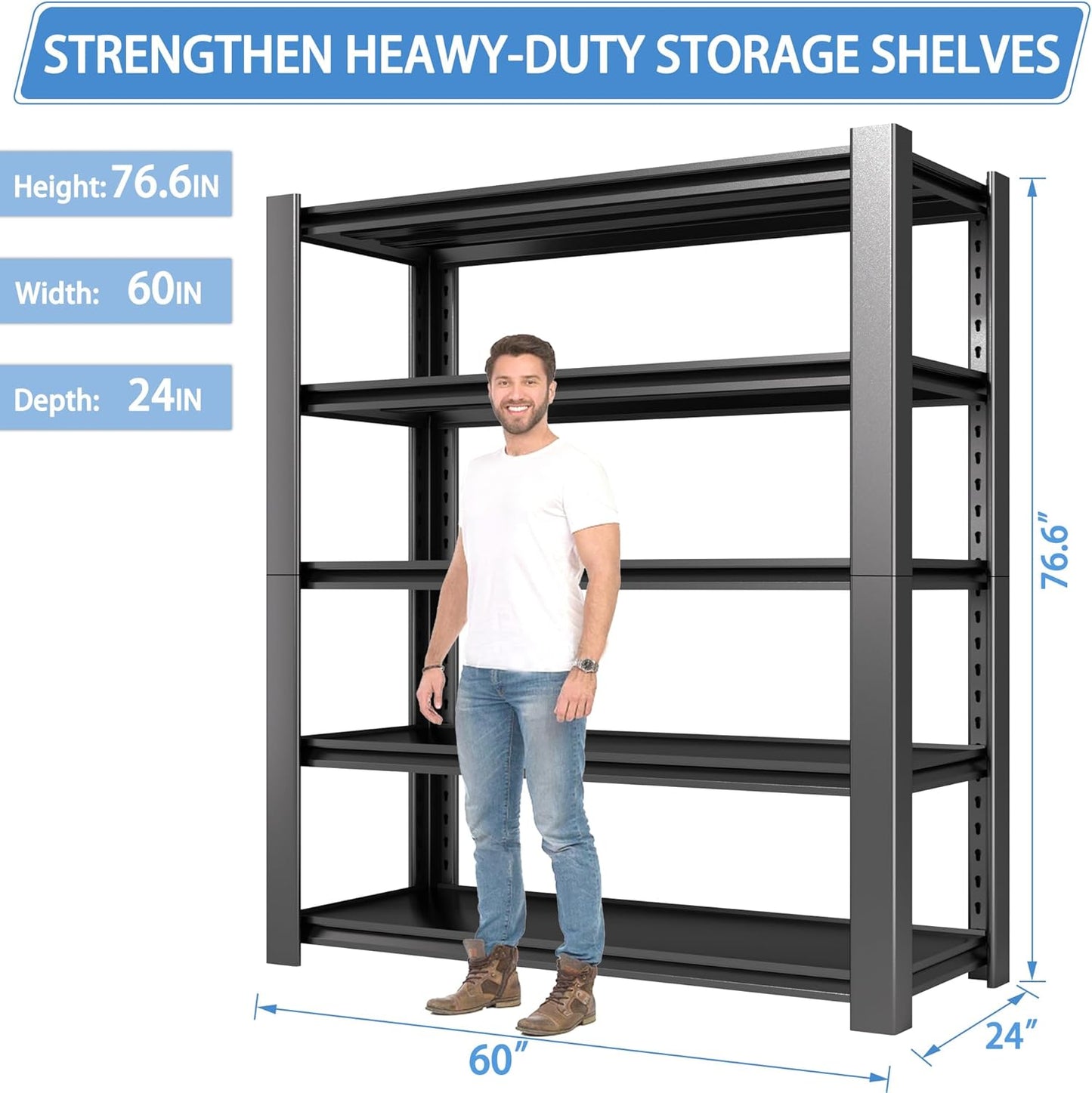 5-Tier Heavy Duty Garage Shelving Unit, 3000 LBS Capacity Metal Storage Rack 76" H x 60" W x 24" D, Adjustable Steel Shelves for Garage, Warehouse, Basement, Pantry, Workshop.3 Pack