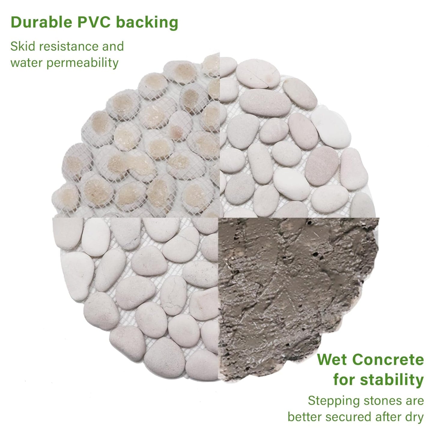 10in River Rock Stepping Stones Set - 6 Pack | Polished Pebble | Long-Lasting PVC Mesh Backing | Perfect for Garden Paths and Lawns Outdoor Landscaping Decoration | White Circle