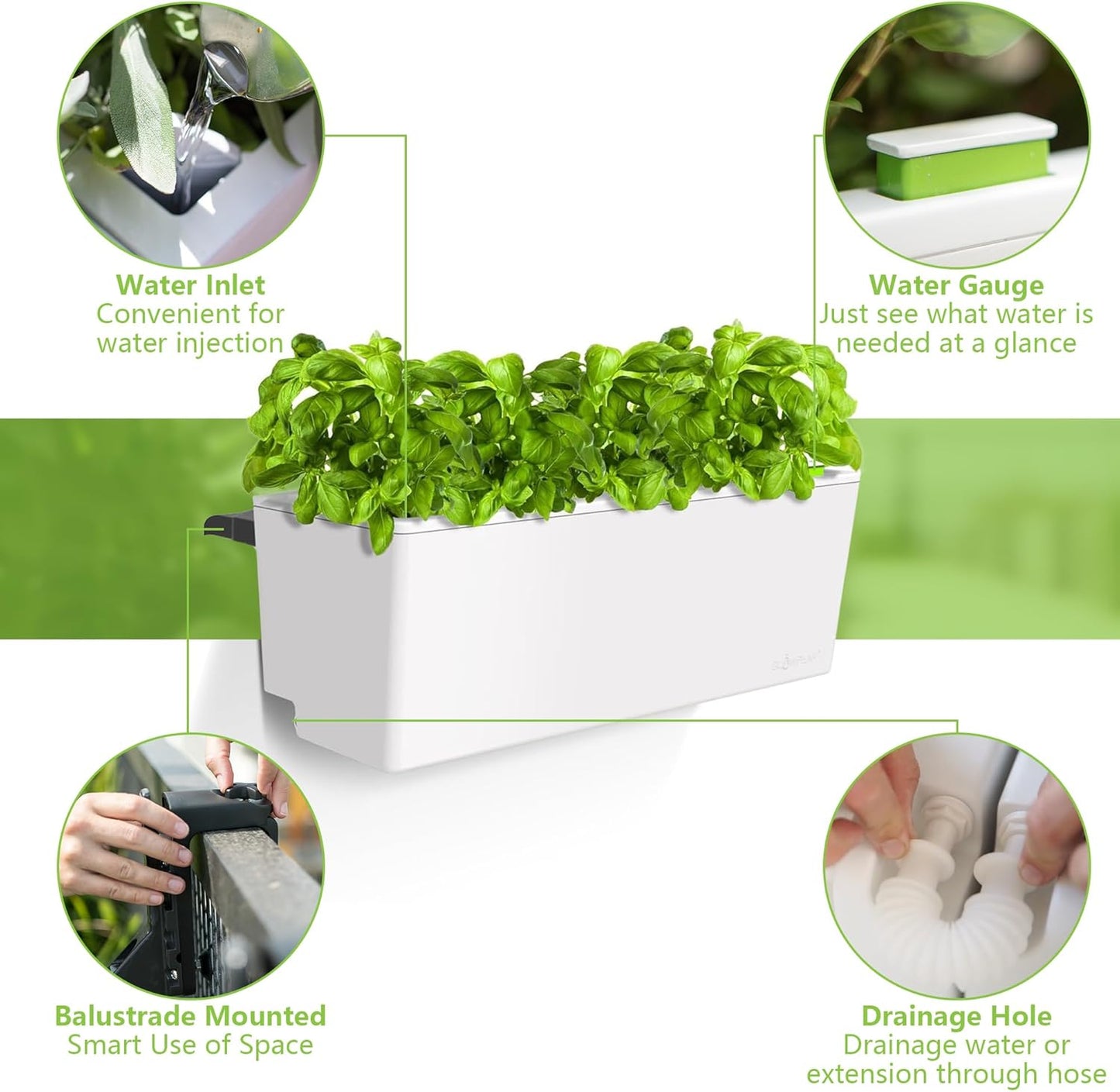 Glowpear Self Watering Railing Planter Box - 23.6", White - UV Stable, Scalable Plant Pot with Water Gauge, Indoor Outdoor for Vegetables, Flowers, Herbs, and Succulents