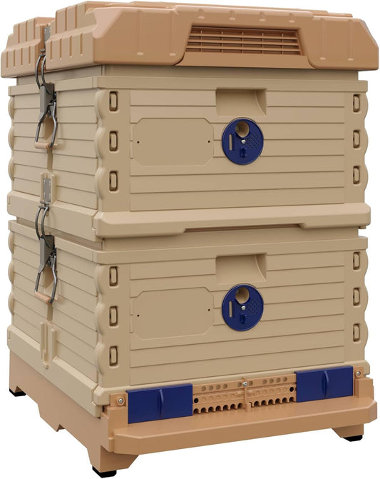 Ergo Insulated Bee Hive Set [NO Frames Included] (Double Deep, Tan Body Blue Entrance)