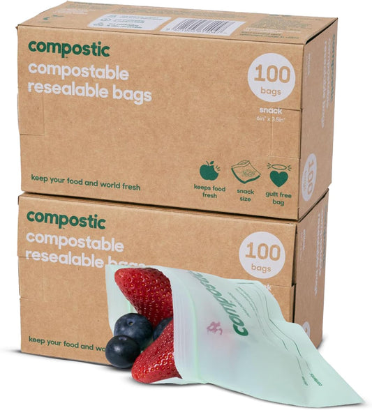 Home Compostable Resealable Snack Bags (6"x 3.5"), Microwave & Freezer Safe, Organic Food Storage Container, 100 Count (Pack of 2)