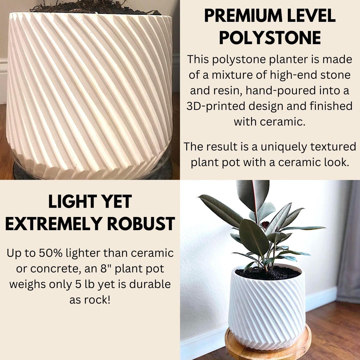Fox & Fern 8 Inch Plant Pot with Drainage Plug — Premium Polystone White Plant Pot; Modern Planter with 3D Texture and Ceramic Finish; 8 Inch Pots for Plants Indoor & Outdoor; Lightweight