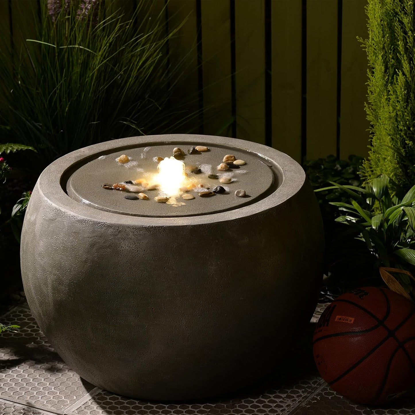 Garden Water Fountain Outdoor Large Round Bubbler Water Feature Indoor with Lights & Pump and Pebbles Concrete Effect for Patio Pool Pond Yard Home Decor Gray, 25 "L X 25" W X 17.5" H