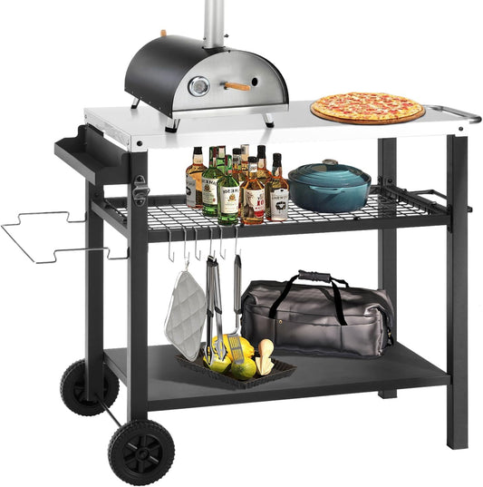 Grill Cart Table with Three Shelf, Movable Outdoor Dining Cart Pizza Oven Stand with Three Hooks, Kitchen Cart Island Multifunction Food Prep Table (Sliver)
