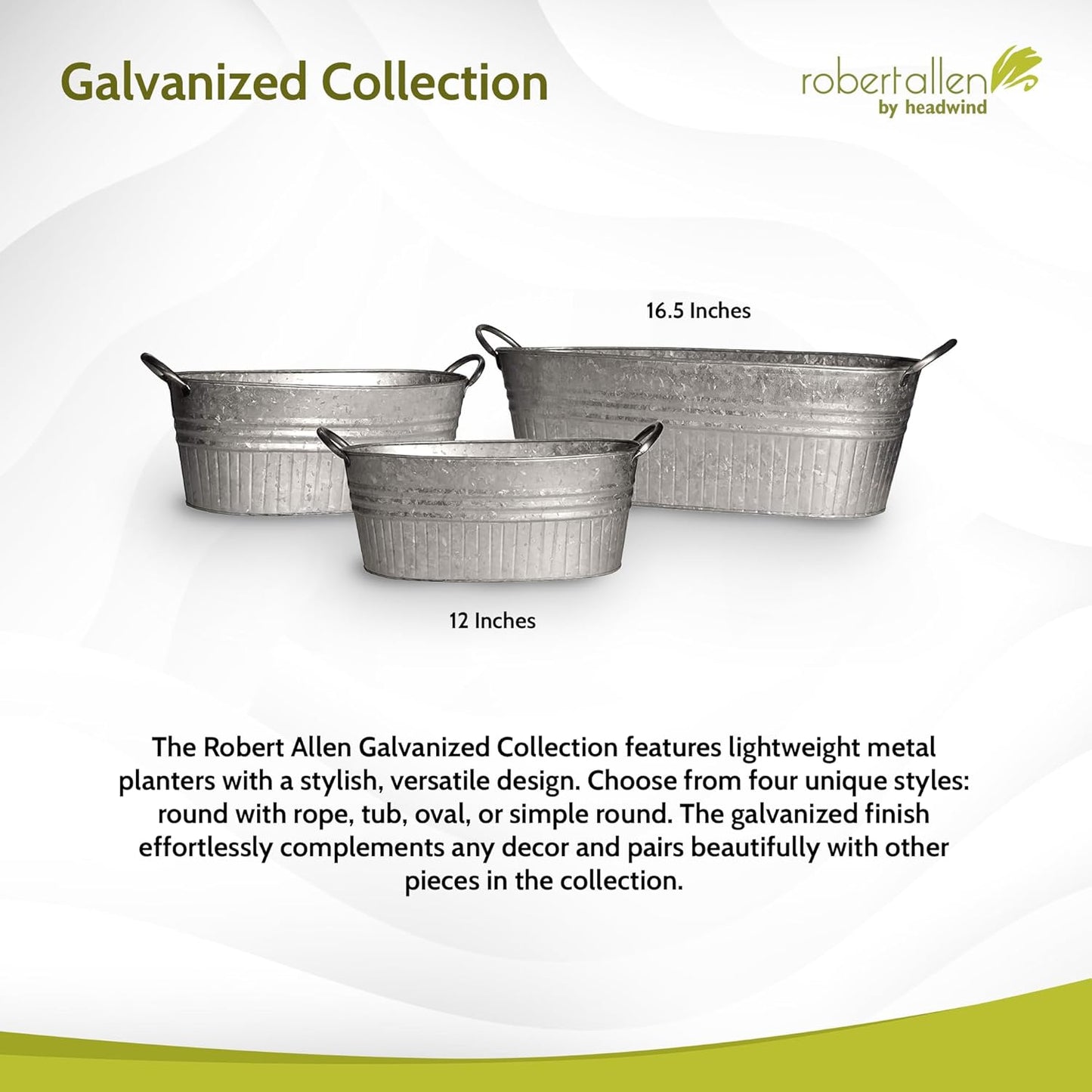 Headwind Oval Galvanized Tubs Planter with Handles – 12 Inch Lightweight Steel Indoor Oval Plant Pot with Drainage Holes – Large Galvanized Tub Flower Bucket – Outdoor Planter by Robert Allen
