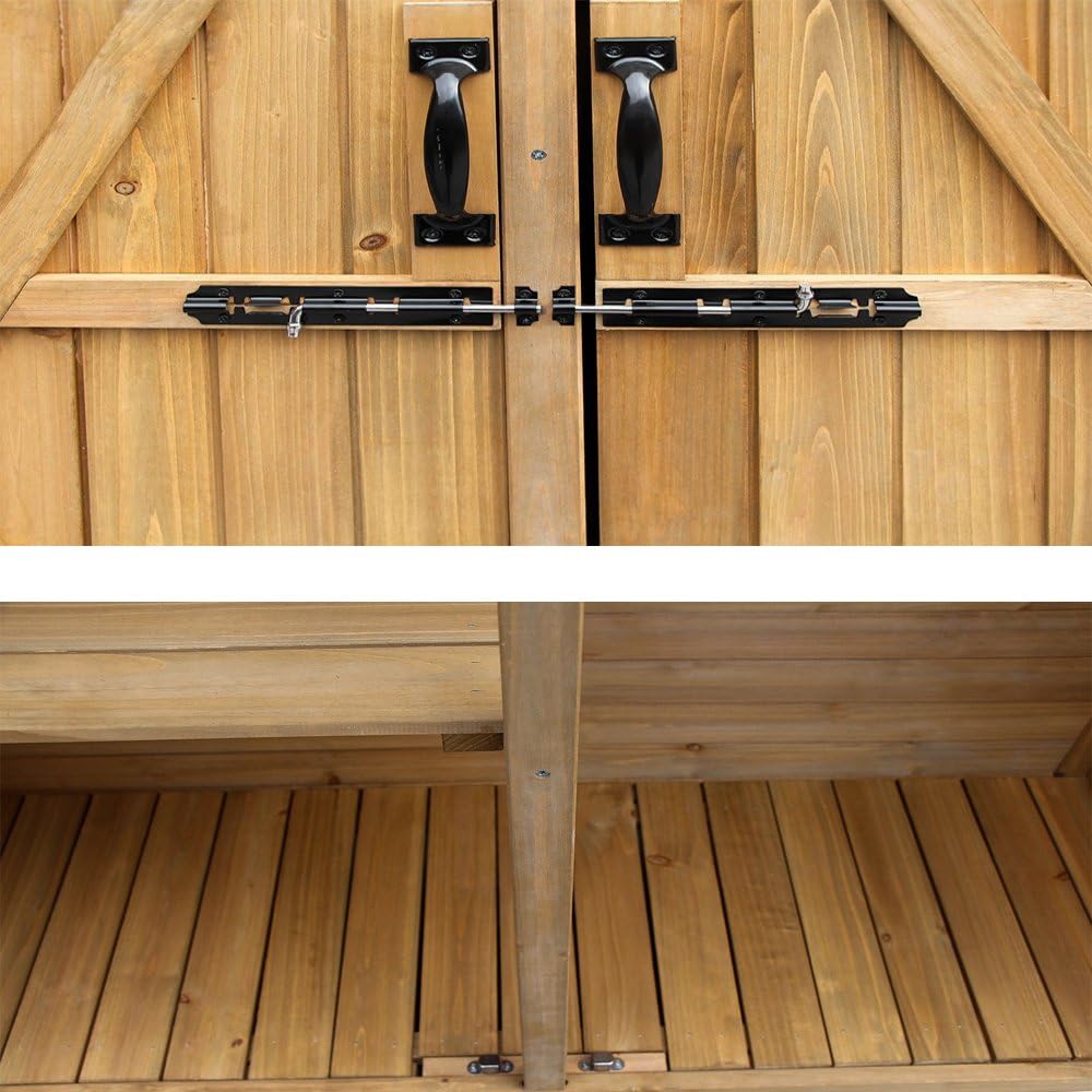 Outvita Outdoor Storage Cabinet with Waterproof Roof, Double Lockable Doors Garden Shed with 2 Removable Shelves, Wooden Storage Shed with Large Storage Space for Yard Garge Patio Deck Porch（Natural）