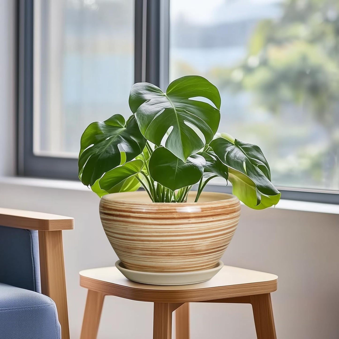 Indoor Planter 9 Inch - Ceramic Pots for Plants Plant Pot Indoor with Drainage Hole and Saucer Round Large Planter Modern Outdoor Flower Pot for House Patio Yellow