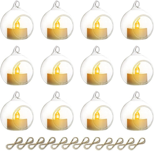 NUPTIO Hanging Glass Globe with Candles: Set of 12 Tealight Candle Holders with LED Tea Lights - 2.36 inch Bulk Clear Votive Candleholders for Party Wedding Birthday Shower Celebration Tree Decoration