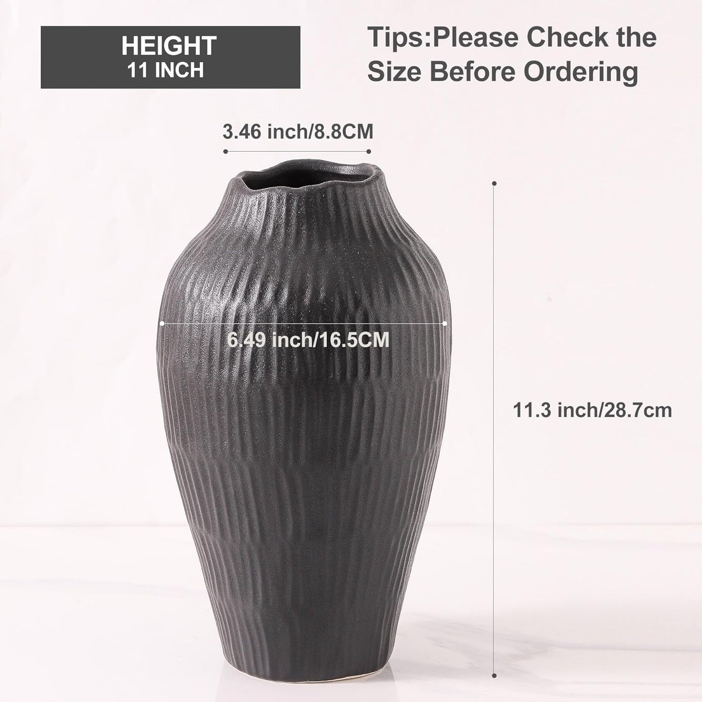 Elegant Black Ceramic Vase - Modern Minimalist Home Decor Vase, Centerpiece for Living Room, Dining Table, Office - 11.6 Inches Tall, Handcrafted Pottery for Farmhouse, Boho, Contemporary Style