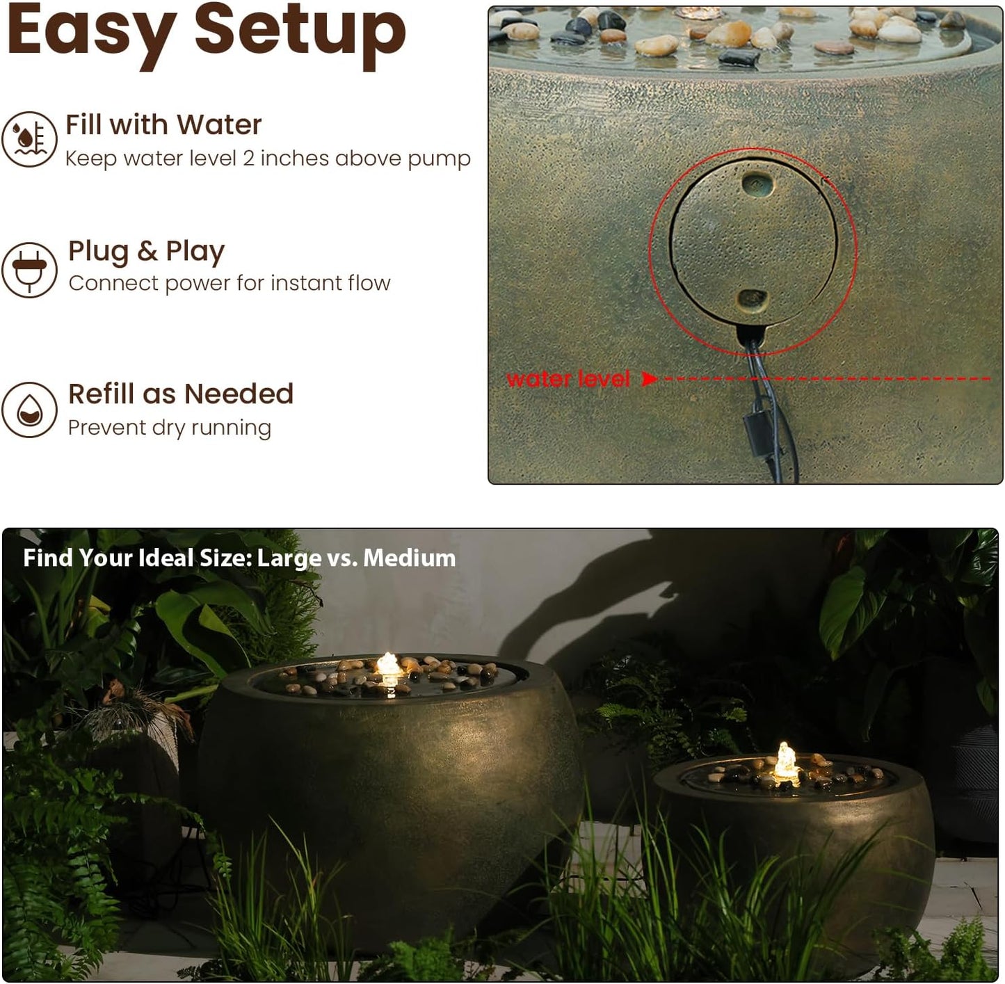 Garden Water Fountain Outdoor Bubbler Water Feature Indoor with Lights & Pump and Pebbles Waterfall Fountains Concrete Effect for Patio Deck Yard Home Decor Gold, 18 "L x 18" W x 11.5" H