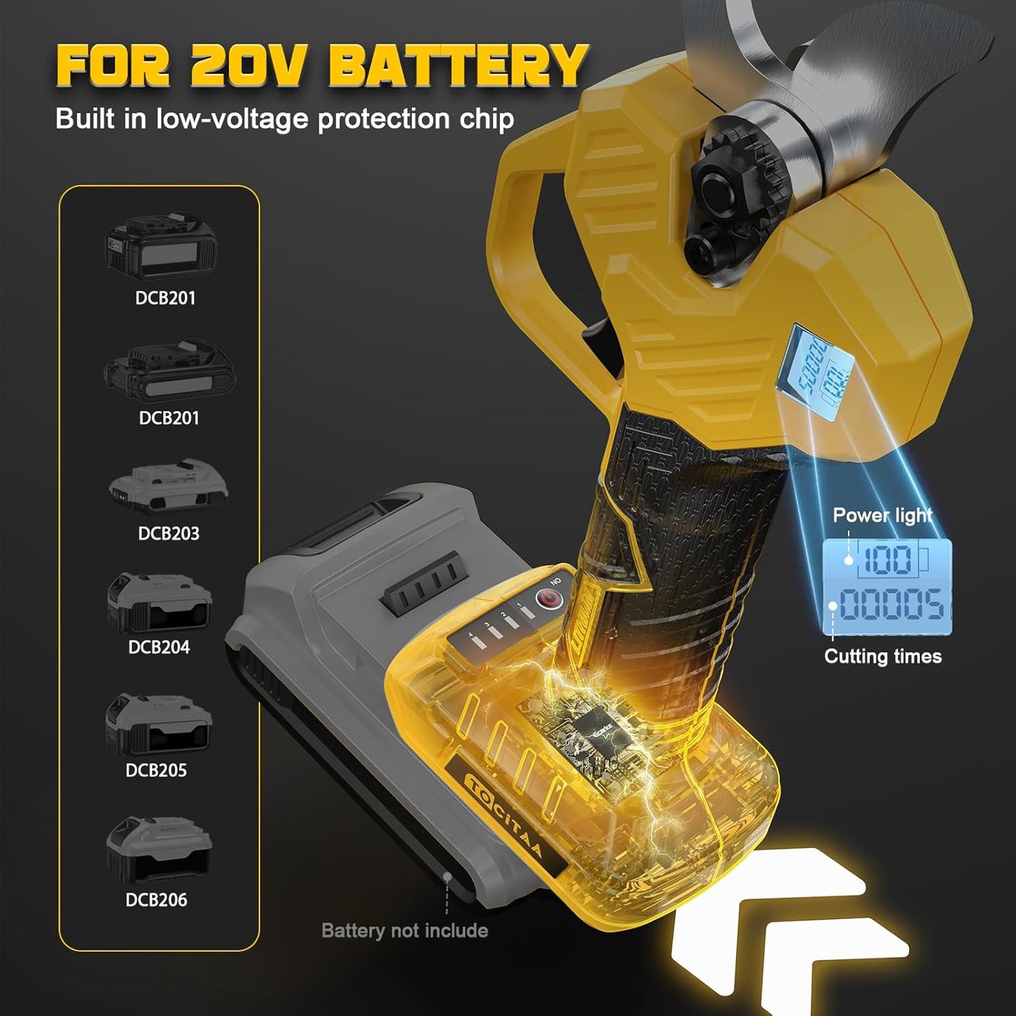 TOCiTAA Cordless Electric Pruning Shears Compatible with Dewalt 20v Battery, Portable Pruner Garden Tool Brushless & Imported SK7 Steel Blades, 1.5-2 Inch Cutting Diameter (Tool Only)