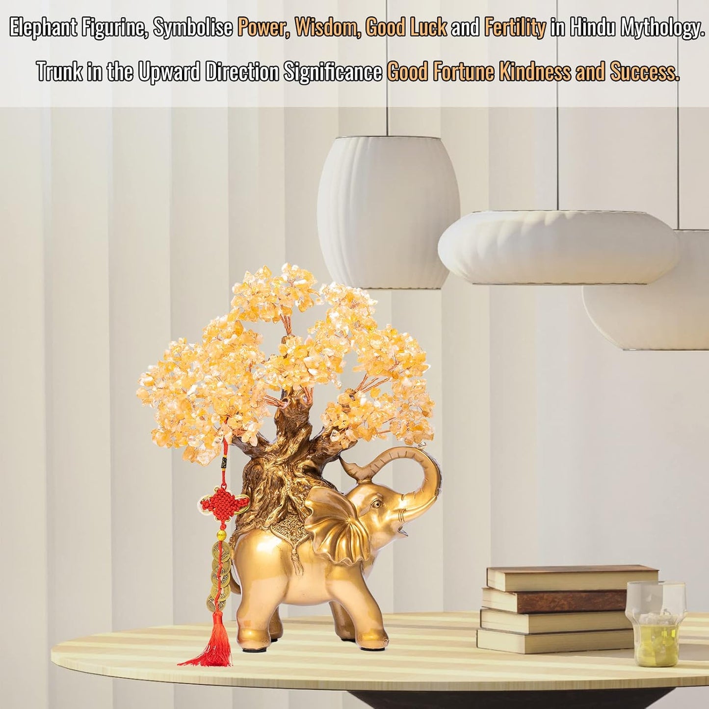 Citrine Crystal Money Tree on Gold Elephant Statue, 17”Large Gemstone Bonsai Tree of Life Home Décor Gifts for Wealth Positive Energy, Feng Shui Décor