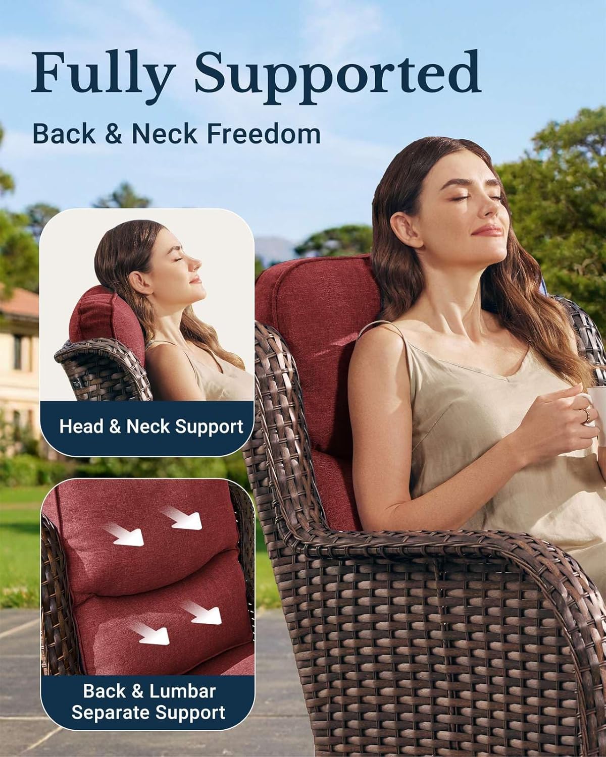 HILLGA Luxury Patio Furniture Set with 6-inch Thick Cushion, Outdoor Loveseat and High Back Swivel Rocker Patio Chairs, 6PCS Wicker Conversation Set for Deck Yard and Poolside, Burgundy (V2)