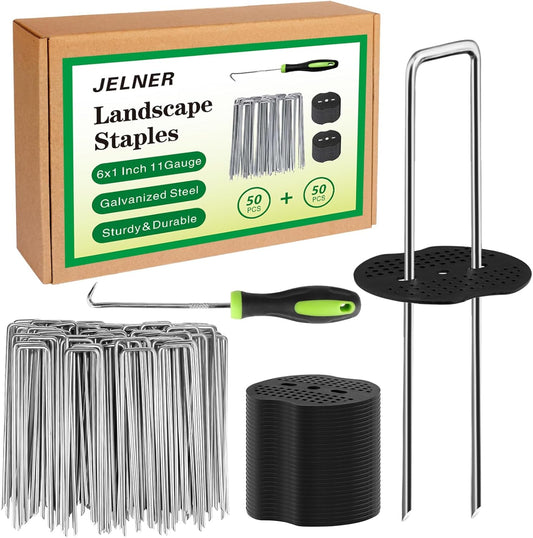 Garden Stakes,6 Inch 11 Gauge 50pcs Galvanized Landscape Staples + 50pcs Gaskets + 1Pick Hook,Tent Stakes Landscaping Fabric SOD Pins for Weed Fabric Barrier,Groud Cover,Fence