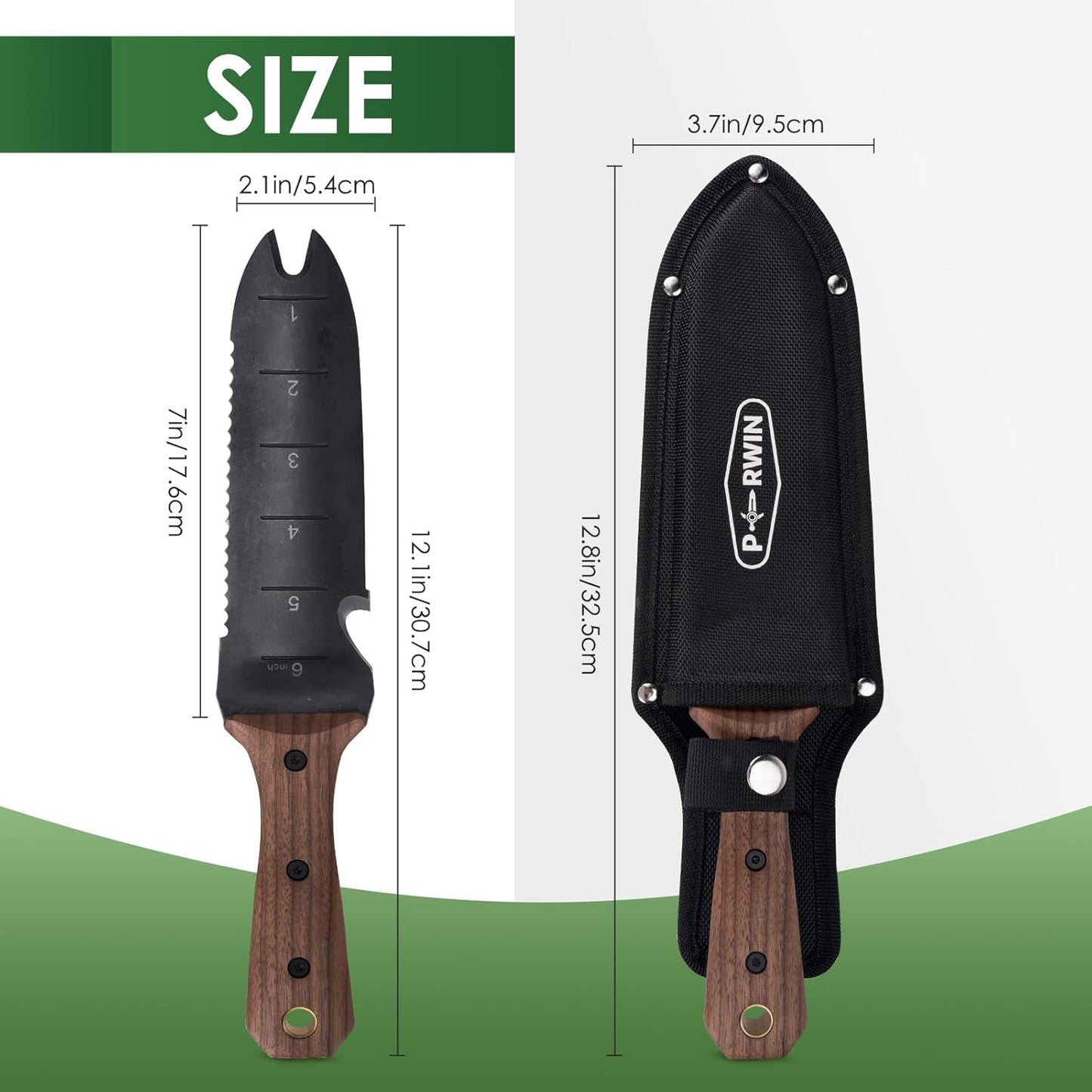 Hori Hori Garden Knife, Garden Tools with Sheath for Weeding,Planting,Digging, 7" Stainless Steel Blade with Cutting Edge, Full-Tang walnut Wood Handle with Hanging Hole