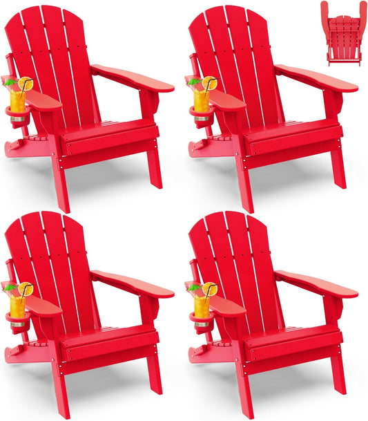 GREENVINES Folding-Adirondack-Chairs-Set-of-4 | HDPE Plastic | Fire Pit Chair | All Weather | Cup Holder | Red | for Deck Backyard Patio Outdoor Garden